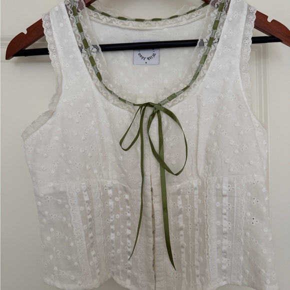 White Eyelet Lace Top with Green Trim - Picture 1 of 2